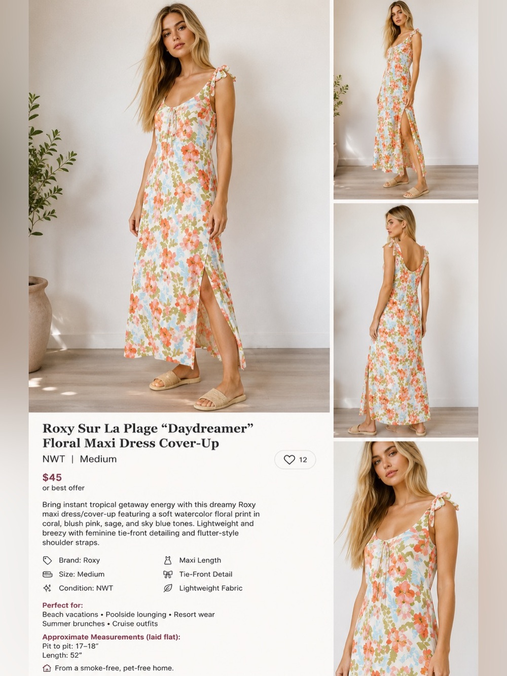 🌺 Roxy Sur La Plage “Daydreamer” Floral Maxi Dress Cover-Up | NWT | Medium 🌺 - Picture 11 of 11